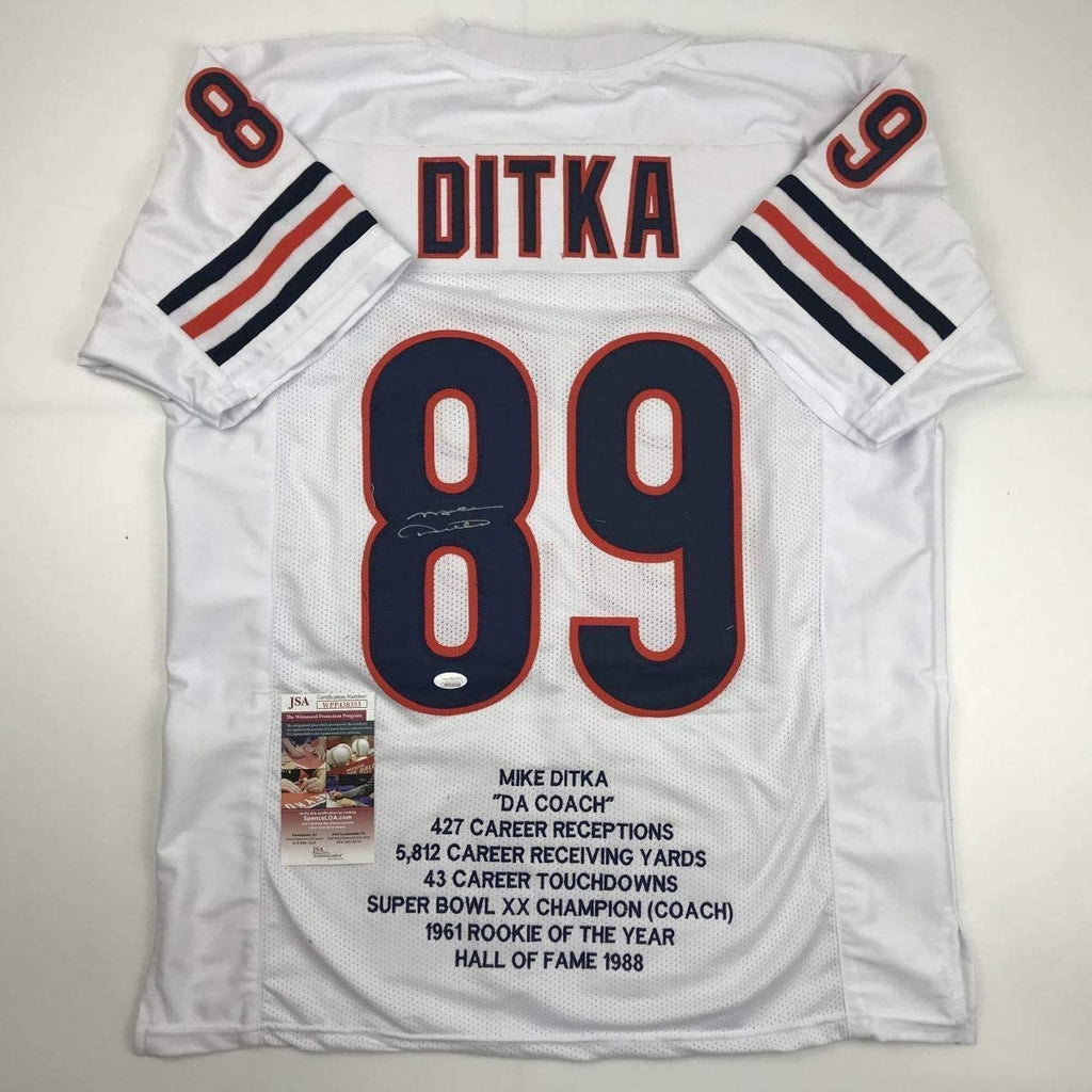 Autographed/Signed Mike Ditka Chicago White Stat Football Jersey JSA COA