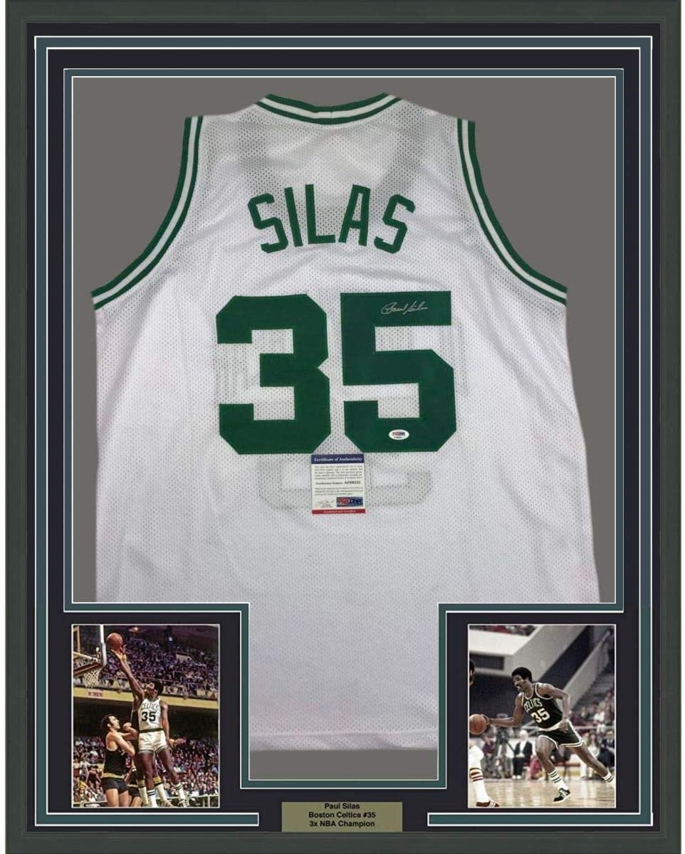 Framed Autographed/Signed Paul Silas 35x39 Boston White Basketball Jersey PSA/DNA COA