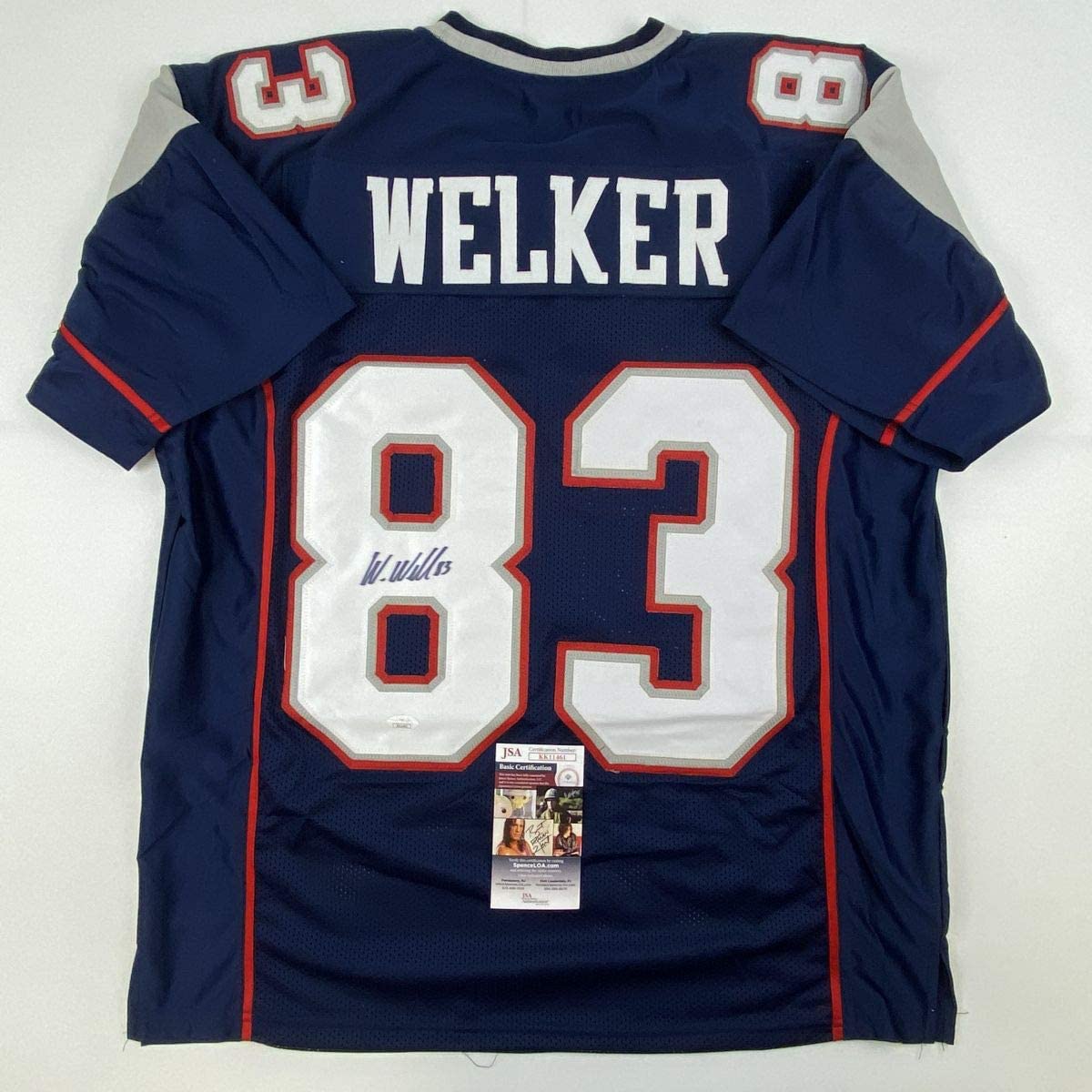 Autographed/Signed Wes Welker New England Blue Football Jersey JSA COA