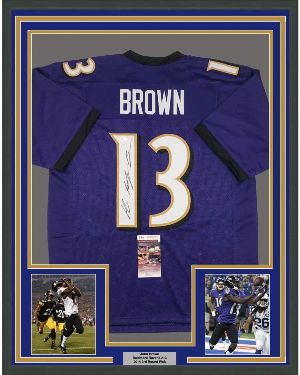 Framed Autographed/Signed John Brown 35x39 Baltimore Purple Football Jersey JSA COA