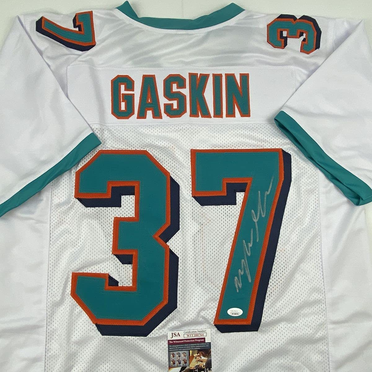 Autographed/Signed Myles Gaskin Miami White Football Jersey JSA COA
