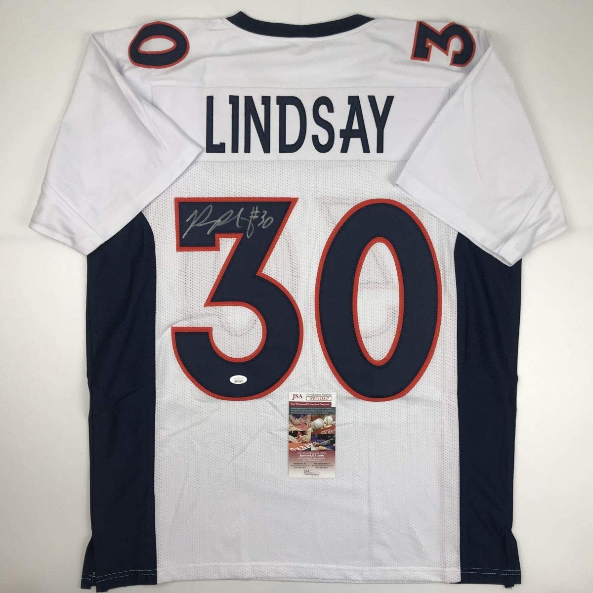 Autographed/Signed Phillip Lindsay Denver White Football Jersey JSA COA