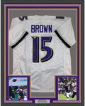 Framed Autographed/Signed Marquise Brown 35x39 Baltimore White Football Jersey JSA COA