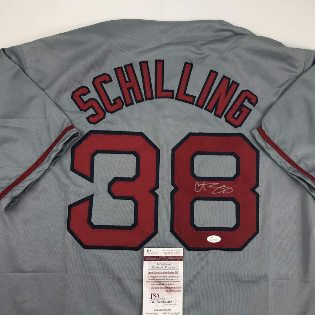 Autographed/Signed Curt Schilling Boston Grey Baseball Jersey JSA COA