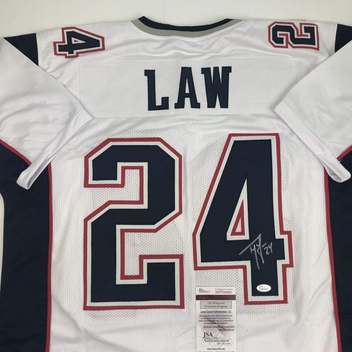 Autographed/Signed Ty Law New England White Football Jersey JSA COA