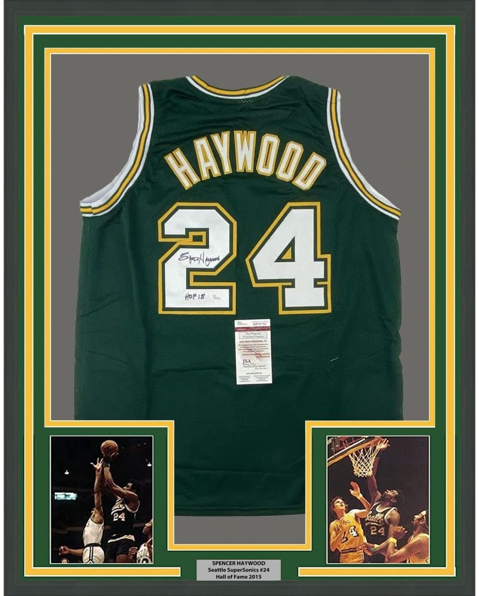 Framed Autographed/Signed Spencer Haywood HOF 15 35x39 Seattle Green Basketball Jersey JSA COA