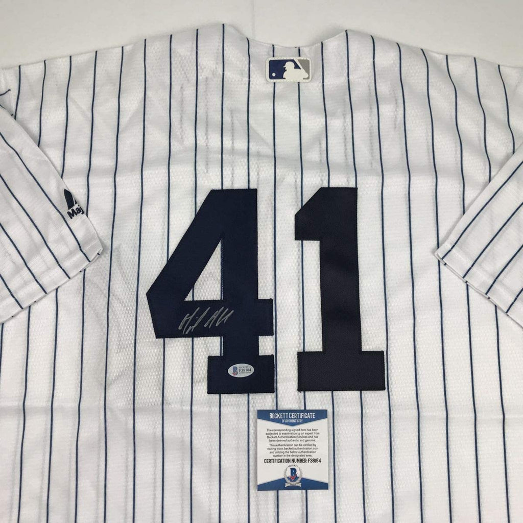 Autographed/Signed Miguel Andujar New York Pinstripe Majestic Baseball Jersey Beckett BAS COA
