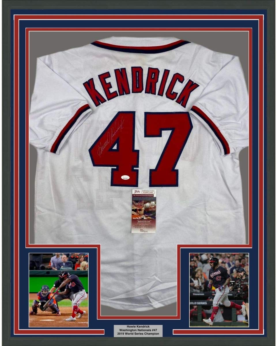 Framed Autographed/Signed Howie Kendrick 35x39 Washington White Baseball Jersey JSA COA