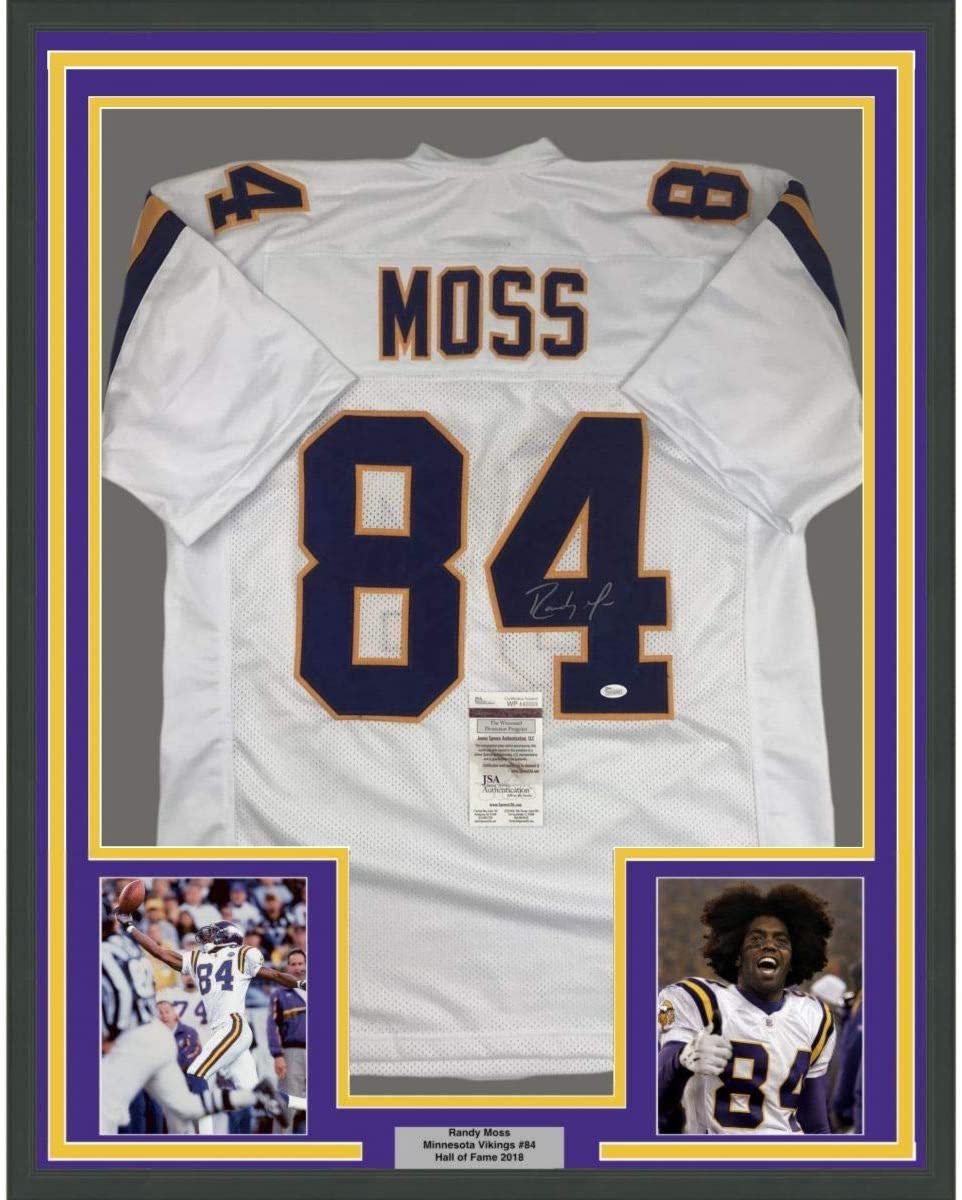 Framed Autographed/Signed Randy Moss 35x39 Minnesota White Football Jersey JSA COA