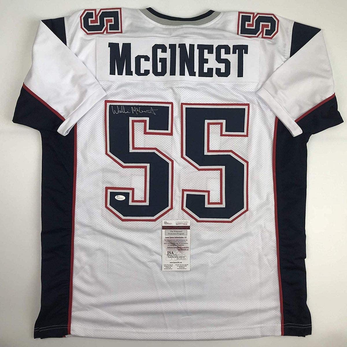 Autographed/Signed Willie McGinest New England White Football Jersey JSA COA