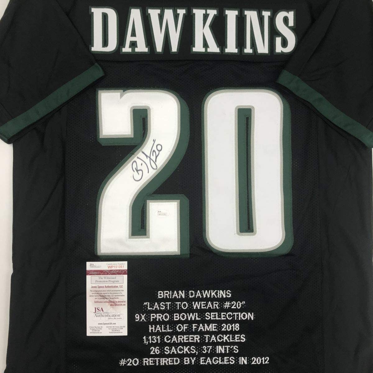 Autographed/Signed Brian Dawkins Philadelphia Black Stat Football Jersey JSA COA