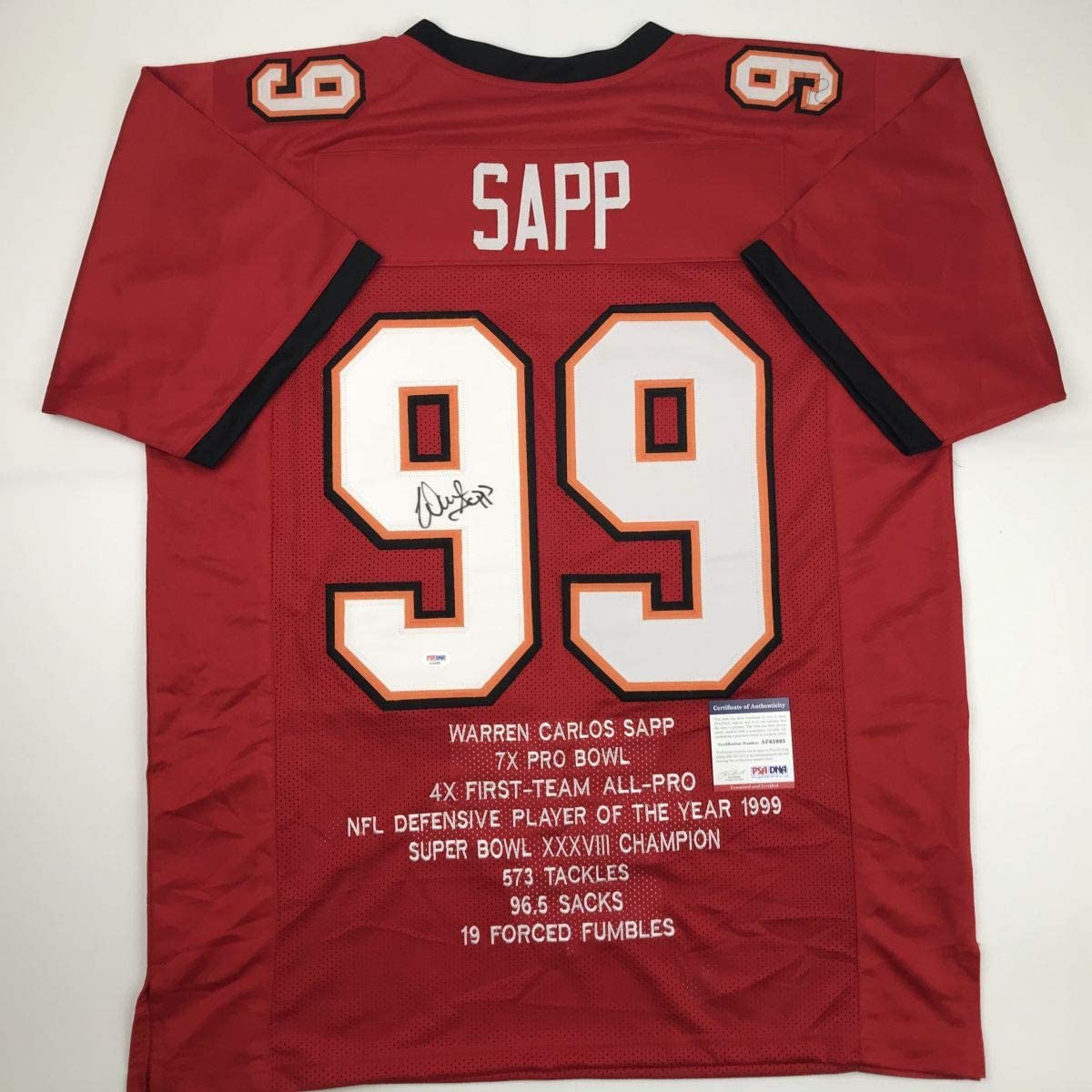 Autographed/Signed Warren Sapp Tampa Bay Red Stat Football Jersey PSA/DNA COA