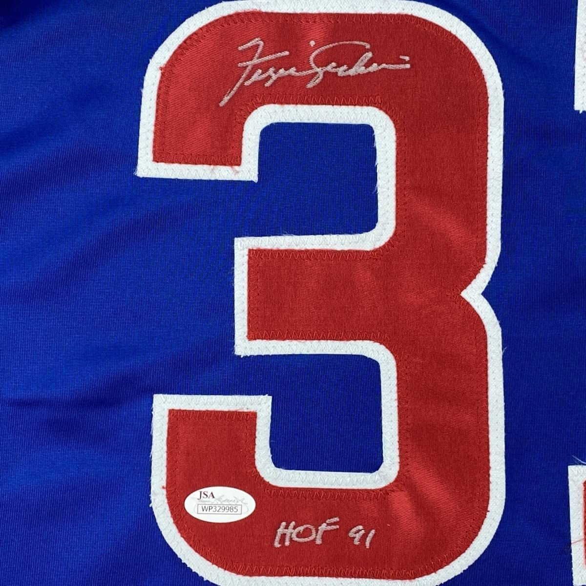 Framed Autographed/Signed Ferguson Fergie Jenkins 35x39 HOF 91 Chicago Blue Baseball Jersey JSA COA