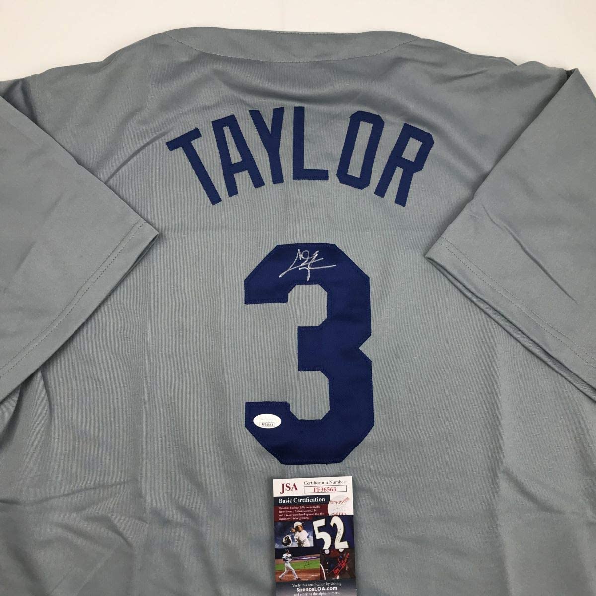 Autographed/Signed Chris Taylor Los Angeles LA Grey Baseball Jersey JSA COA