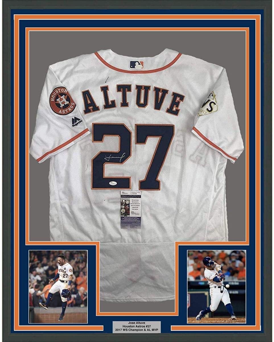 Framed Autographed/Signed Jose Altuve 35x39 Houston White Baseball Jersey JSA COA