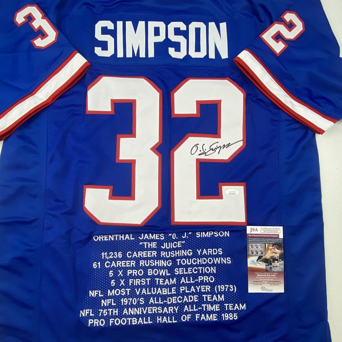 Autographed/Signed OJ O.J. Simpson Buffalo Blue Stat Football Jersey JSA COA
