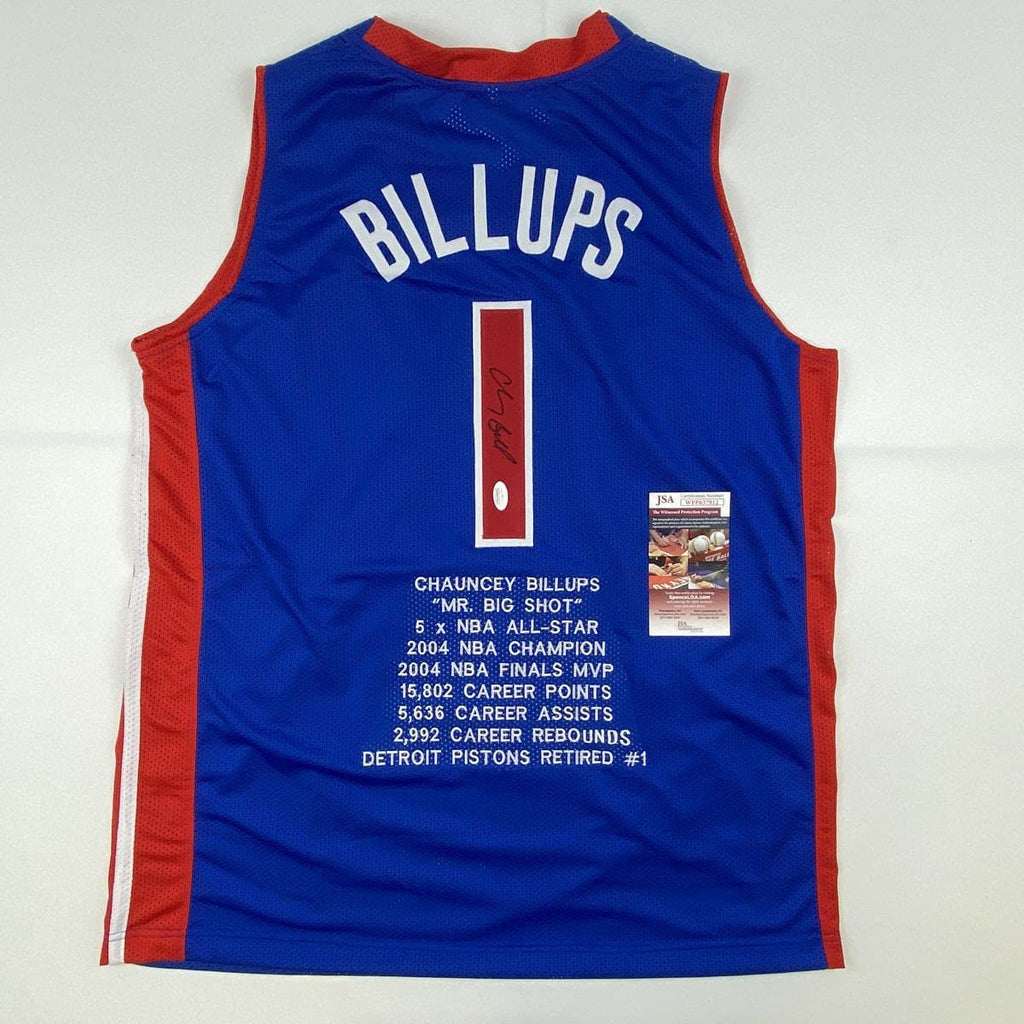 Autographed/Signed Chauncey Billups Detroit Blue Stat Basketball Jersey JSA COA