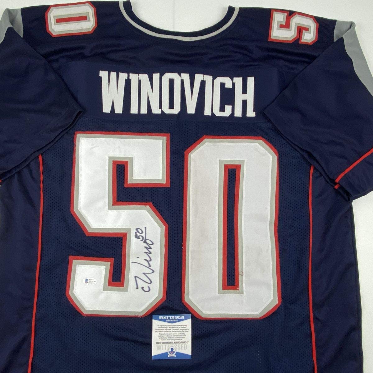 Autographed/Signed Chase Winovich New England Blue Football Jersey Beckett BAS COA