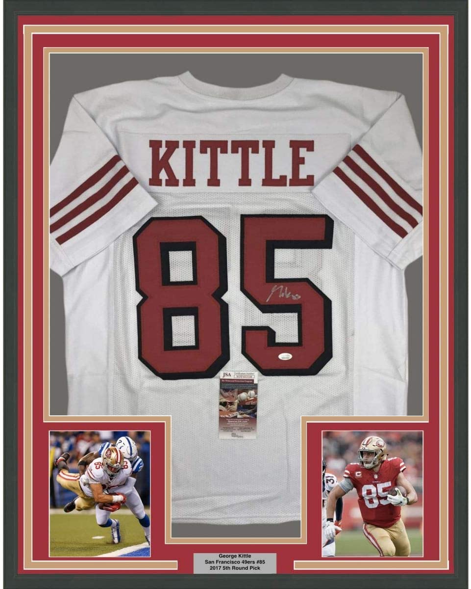 Framed Autographed/Signed George Kittle 35x39 San Francisco White Football Jersey JSA COA