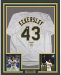 Framed Autographed/Signed Dennis Eckersley 35x39 Oakland White Baseball Jersey JSA COA