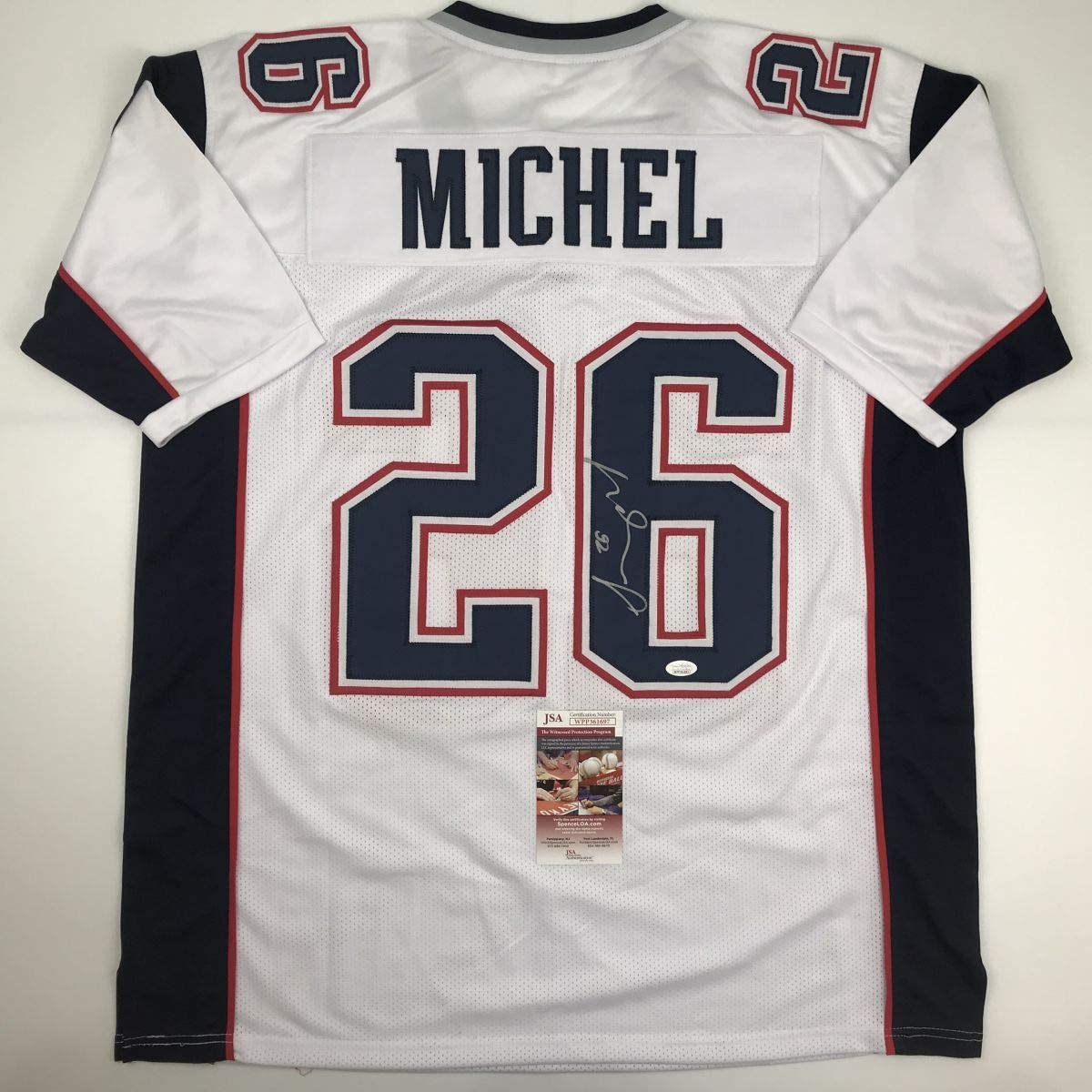 Autographed/Signed Sony Michel New England White Football Jersey JSA COA