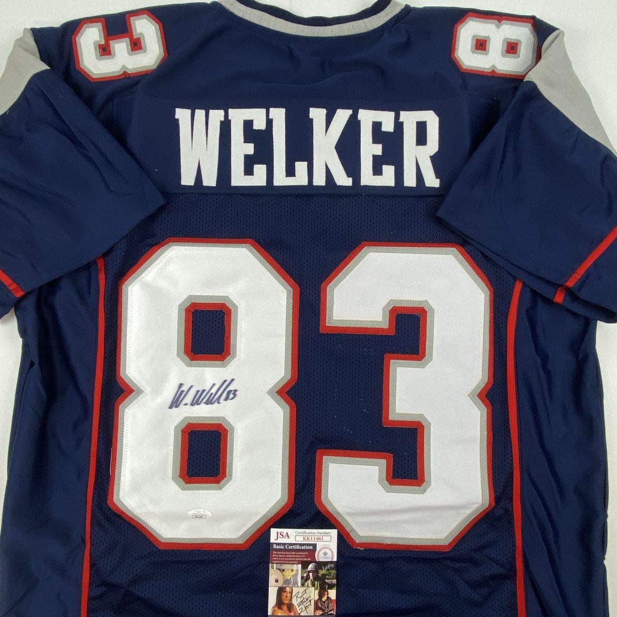 Autographed/Signed Wes Welker New England Blue Football Jersey JSA COA