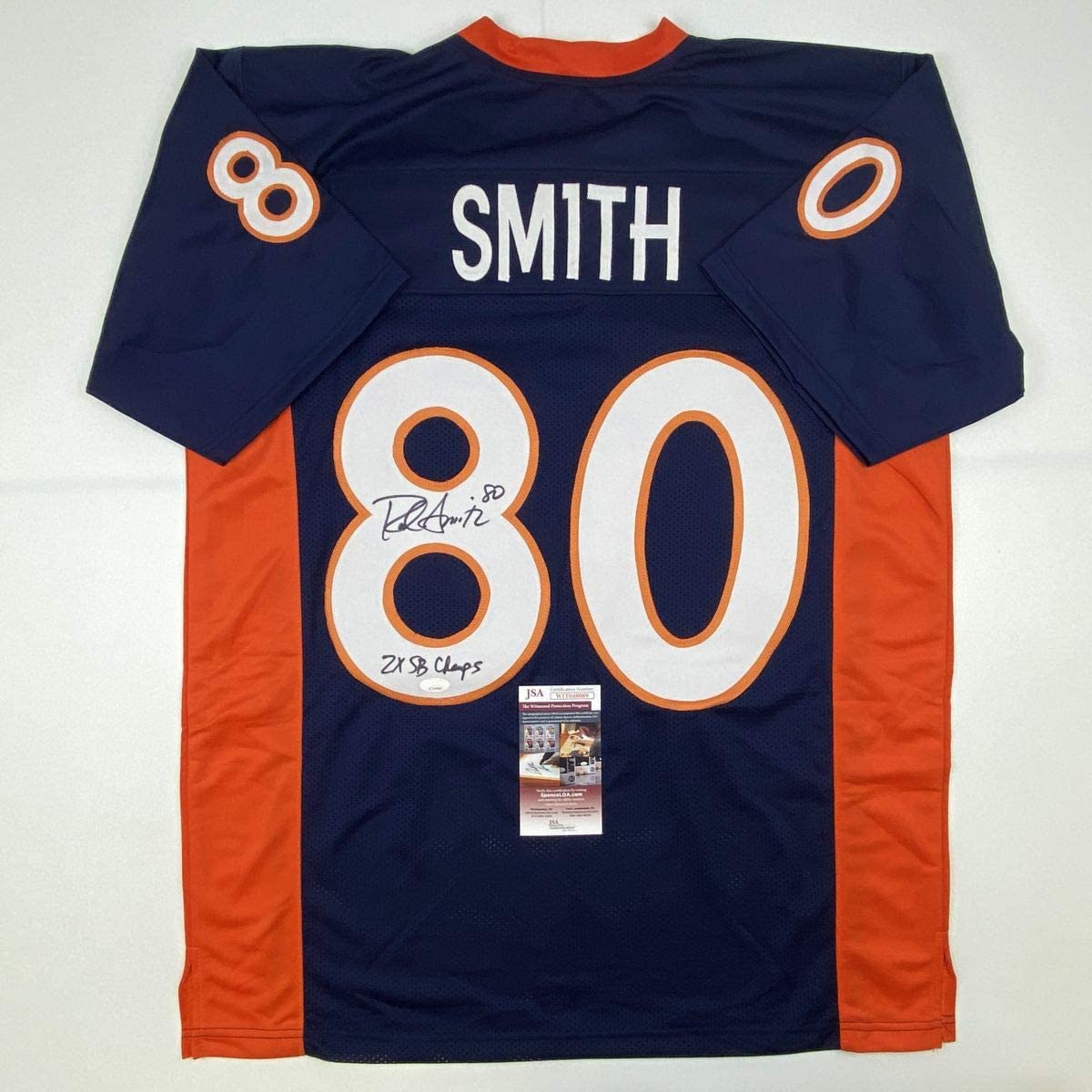 Autographed/Signed Rod Smith 2x SB Champ Denver Blue Football Jersey JSA COA