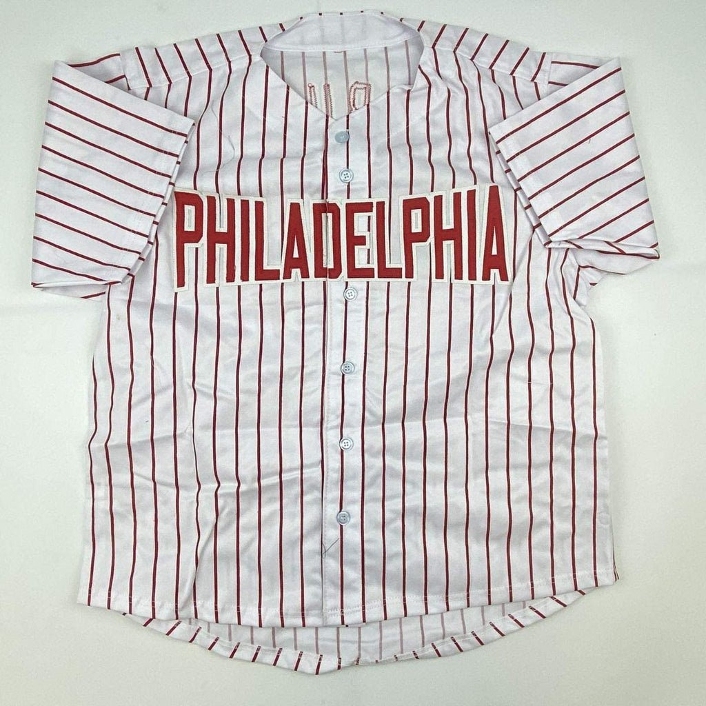 Autographed/Signed John Kruk Philadelphia Pinstripe Baseball Jersey JSA COA