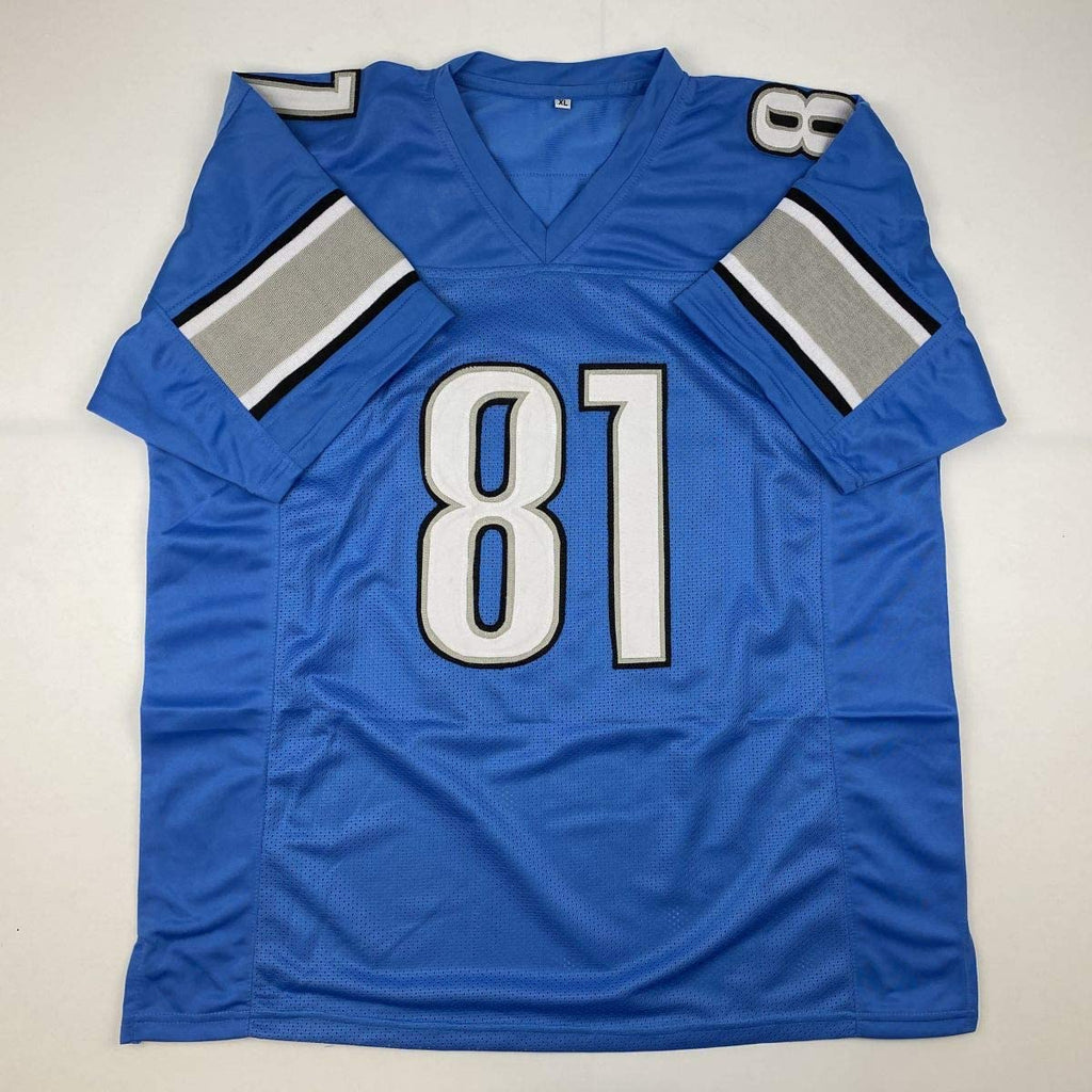 Autographed/Signed Calvin Johnson Detroit Blue Football Jersey JSA COA