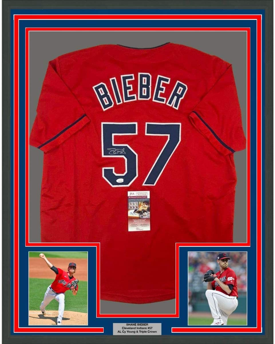 Framed Autographed/Signed Shane Bieber 35x39 Cleveland Red Baseball Jersey JSA COA