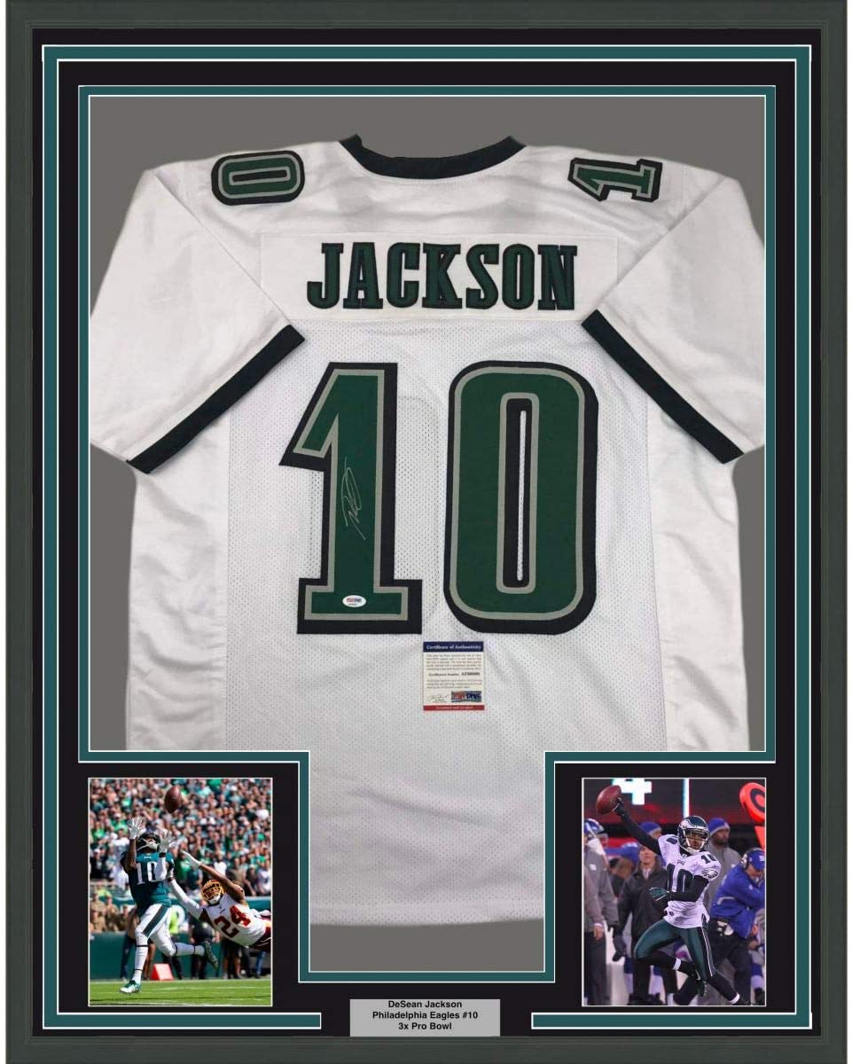 Framed Autographed/Signed DeSean Jackson 35x39 Philadelphia White Football Jersey PSA/DNA COA