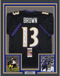 Framed Autographed/Signed John Brown 35x39 Baltimore Black Football Jersey JSA COA
