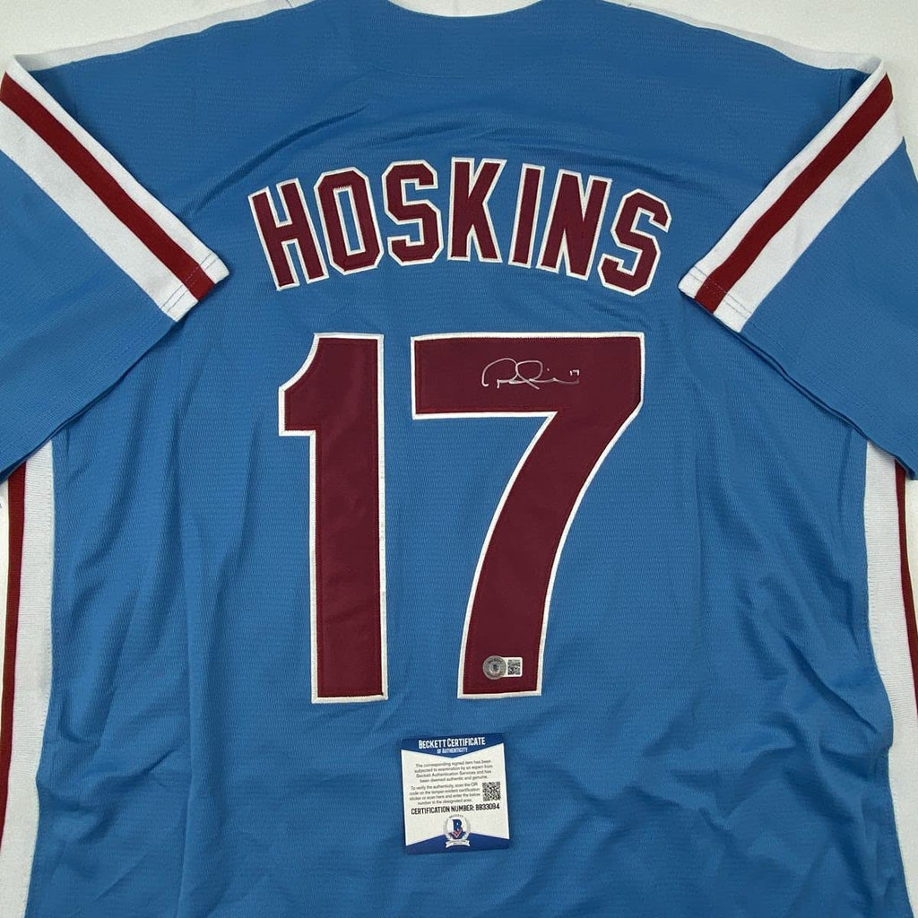 Autographed/Signed Rhys Hoskins Philadelphia Retro Blue Baseball Jersey Beckett BAS COA