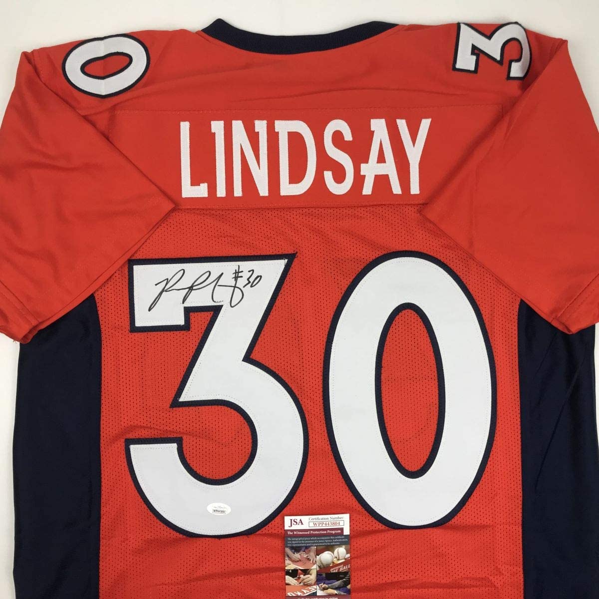 Autographed/Signed Phillip Lindsay Denver Orange Football Jersey JSA COA