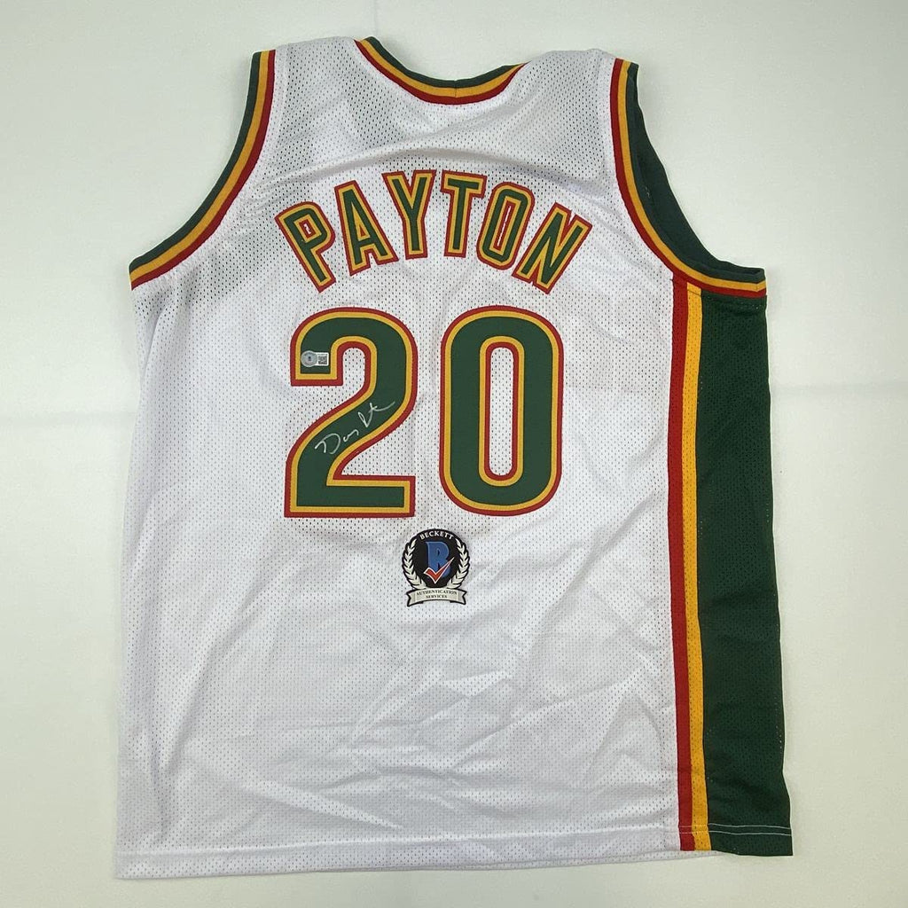 Autographed/Signed Gary Payton Seattle White Basketball Jersey Beckett BAS COA