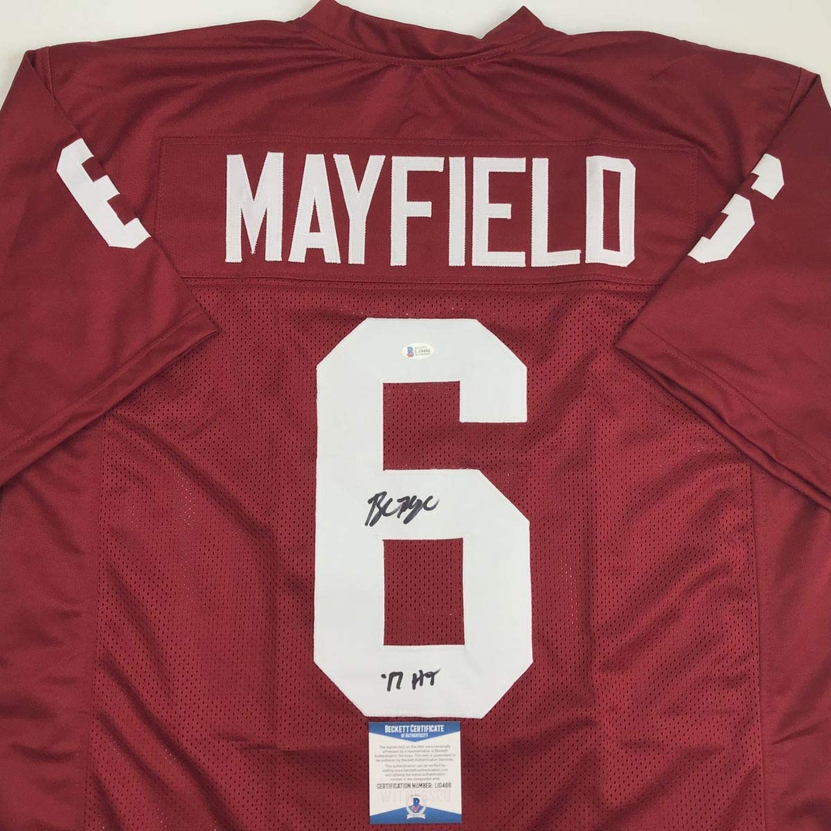 Autographed/Signed Baker Mayfield HT 17  Oklahoma Crimson Football Jersey Beckett BAS COA