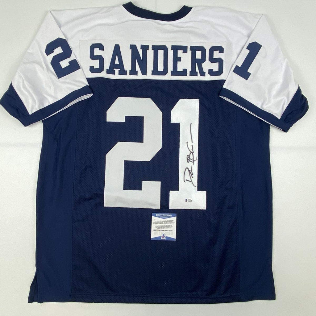 Autographed/Signed Deion Sanders Dallas Thanksgiving Day Football Jersey Beckett BAS COA