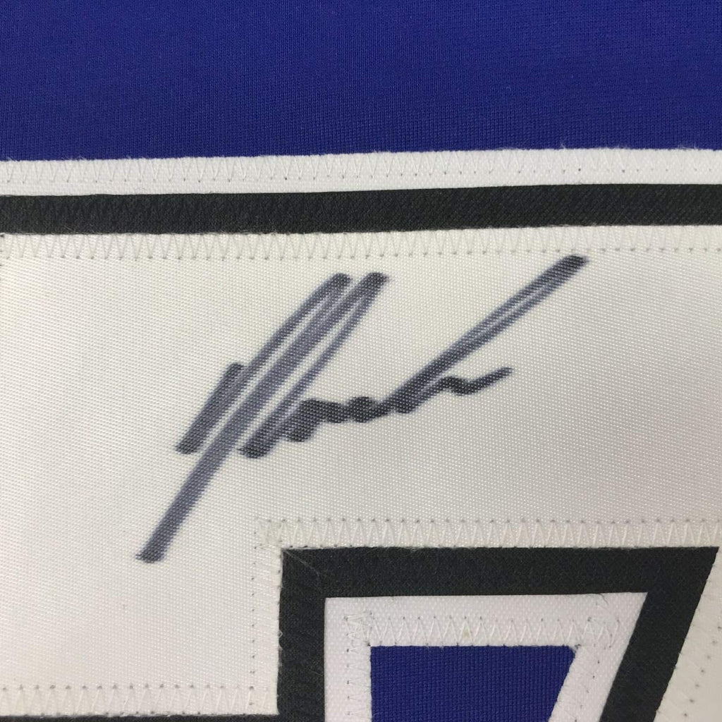 Autographed/Signed Yanni Gourde Tampa Bay Blue Hockey Jersey JSA COA