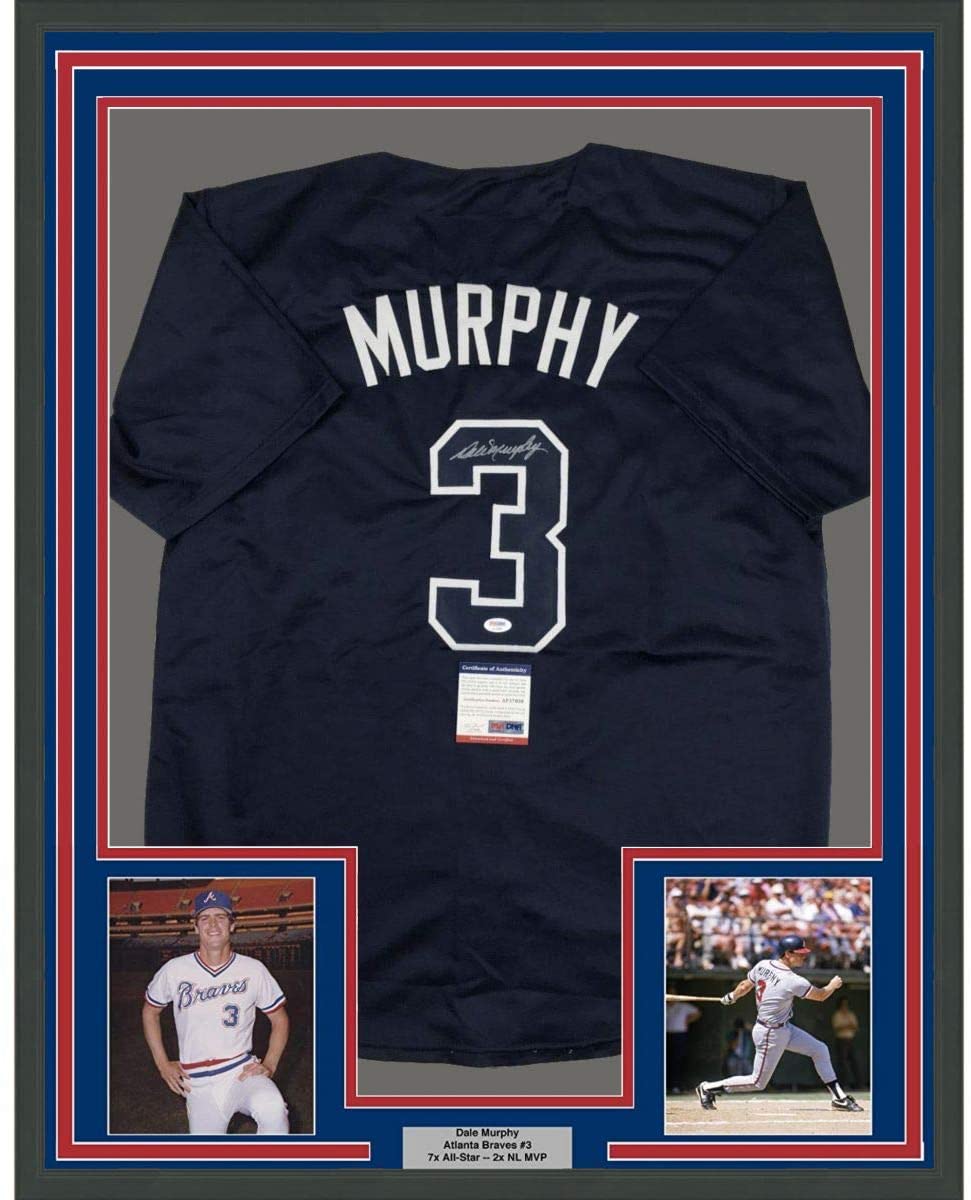Framed Autographed/Signed Dale Murphy 35x39 Atlanta Dark Blue Baseball Jersey PSA/DNA COA