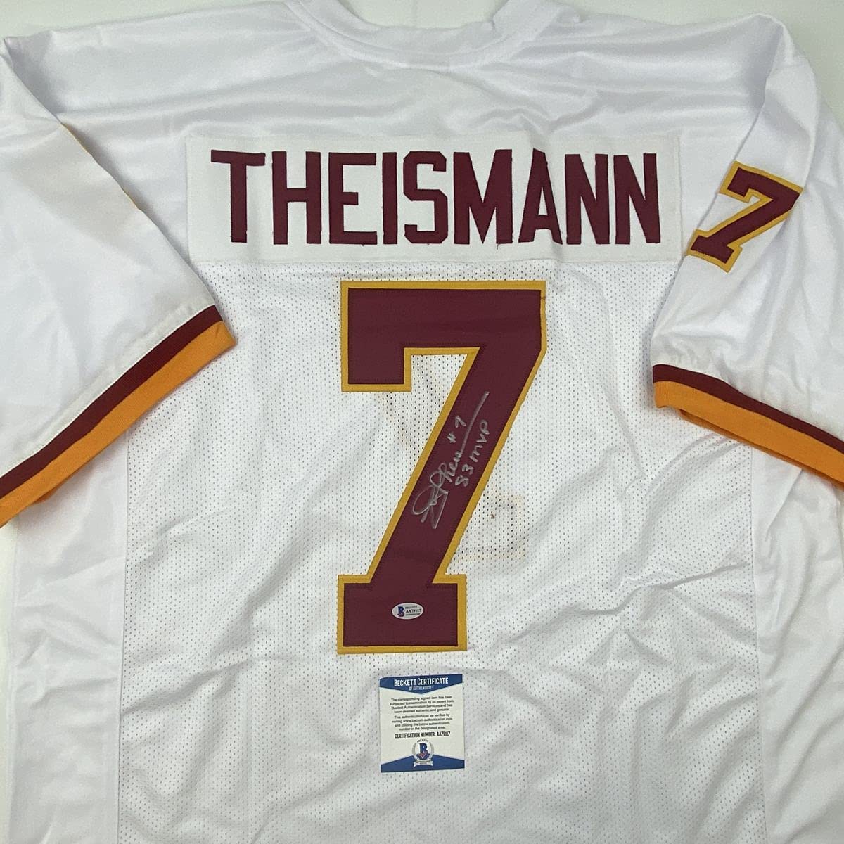 Autographed/Signed Joe Theismann 83 MVP Washington White Football Jersey Beckett BAS COA