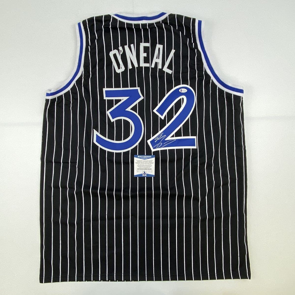 Autographed/Signed Shaquille Shaq O'Neal Orlando Black Pinstripe Basketball Jersey Beckett BAS COA
