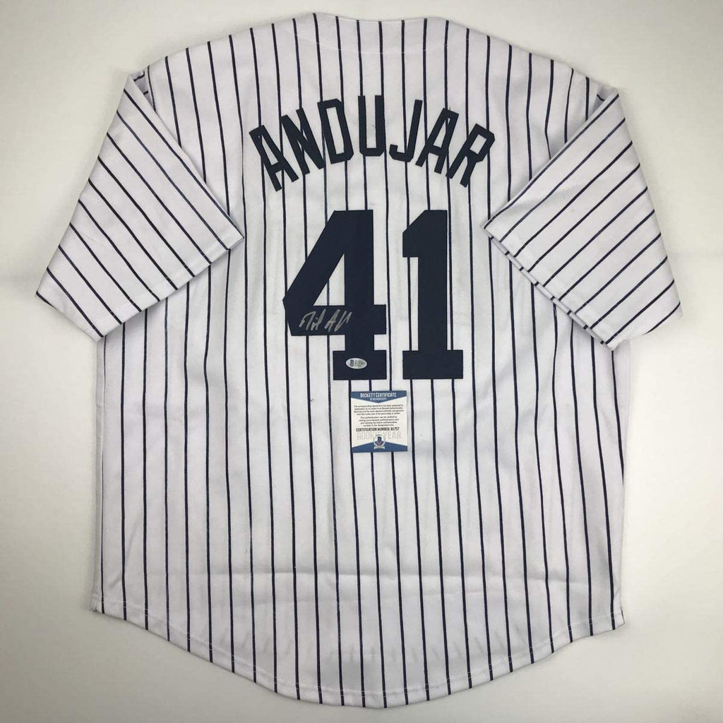 Autographed/Signed Miguel Andujar New York Pinstripe Baseball Jersey Beckett BAS COA