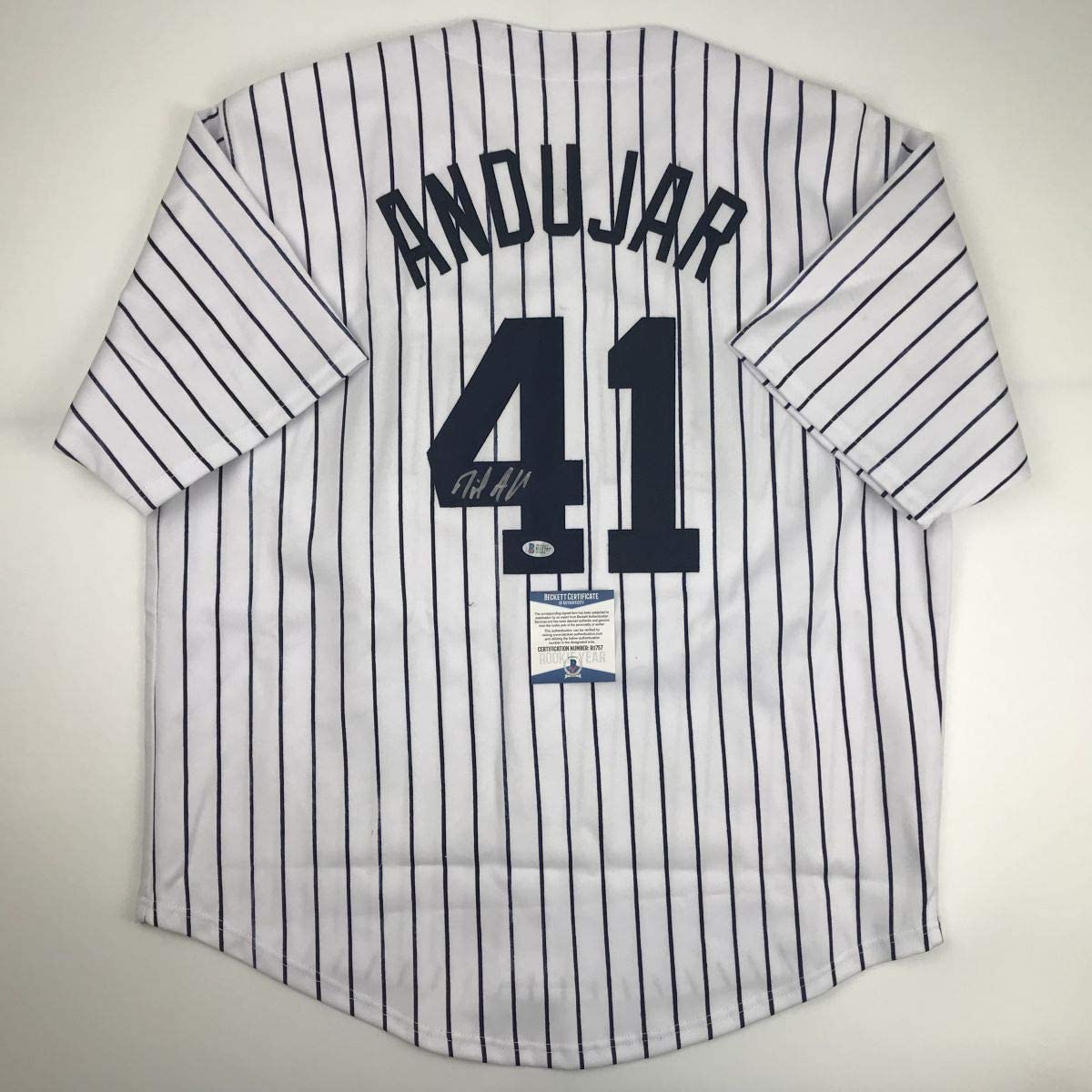 Autographed/Signed Miguel Andujar New York Pinstripe Baseball Jersey Beckett BAS COA