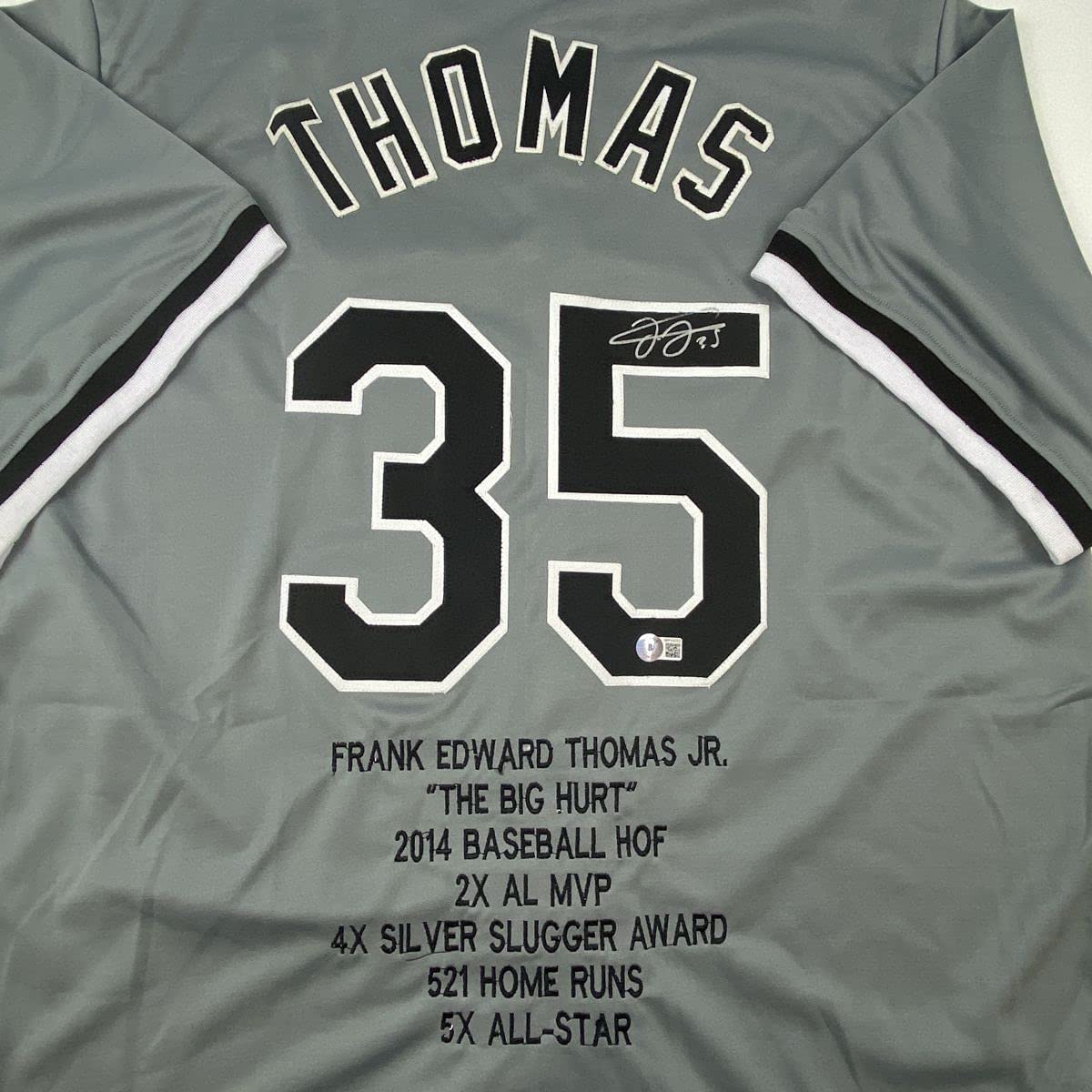 Autographed/Signed Frank Thomas Chicago Grey Stat Baseball Jersey Beckett BAS COA
