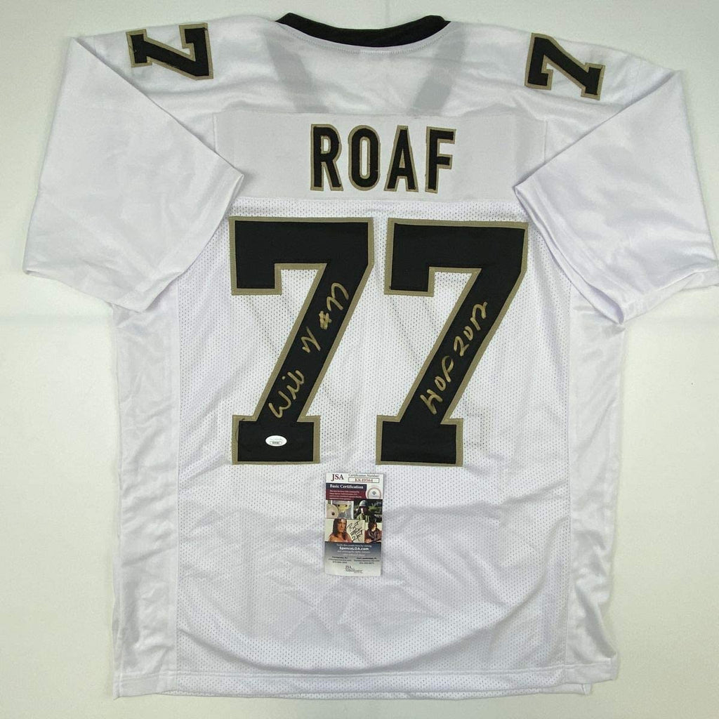 Autographed/Signed Willie Roaf HOF 2012 New Orleans White Football Jersey JSA COA