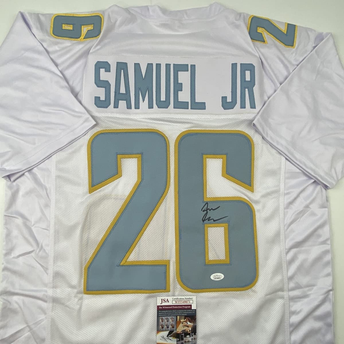 Autographed/Signed Asante Samuel Jr. Los Angeles LA White Football Jersey JSA COA