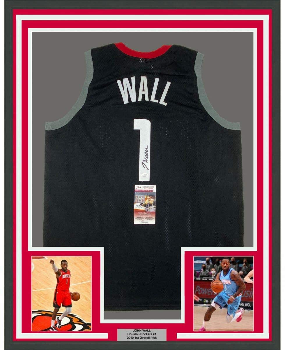 Framed Autographed/Signed John Wall 35x39 Houston Black Basketball Jersey JSA COA
