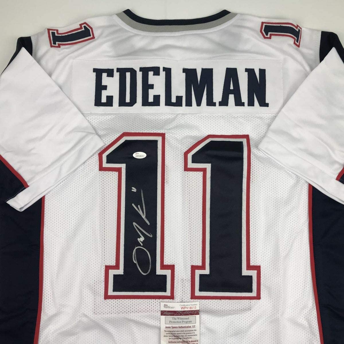 Autographed/Signed Julian Edelman New England White Football Jersey JSA COA