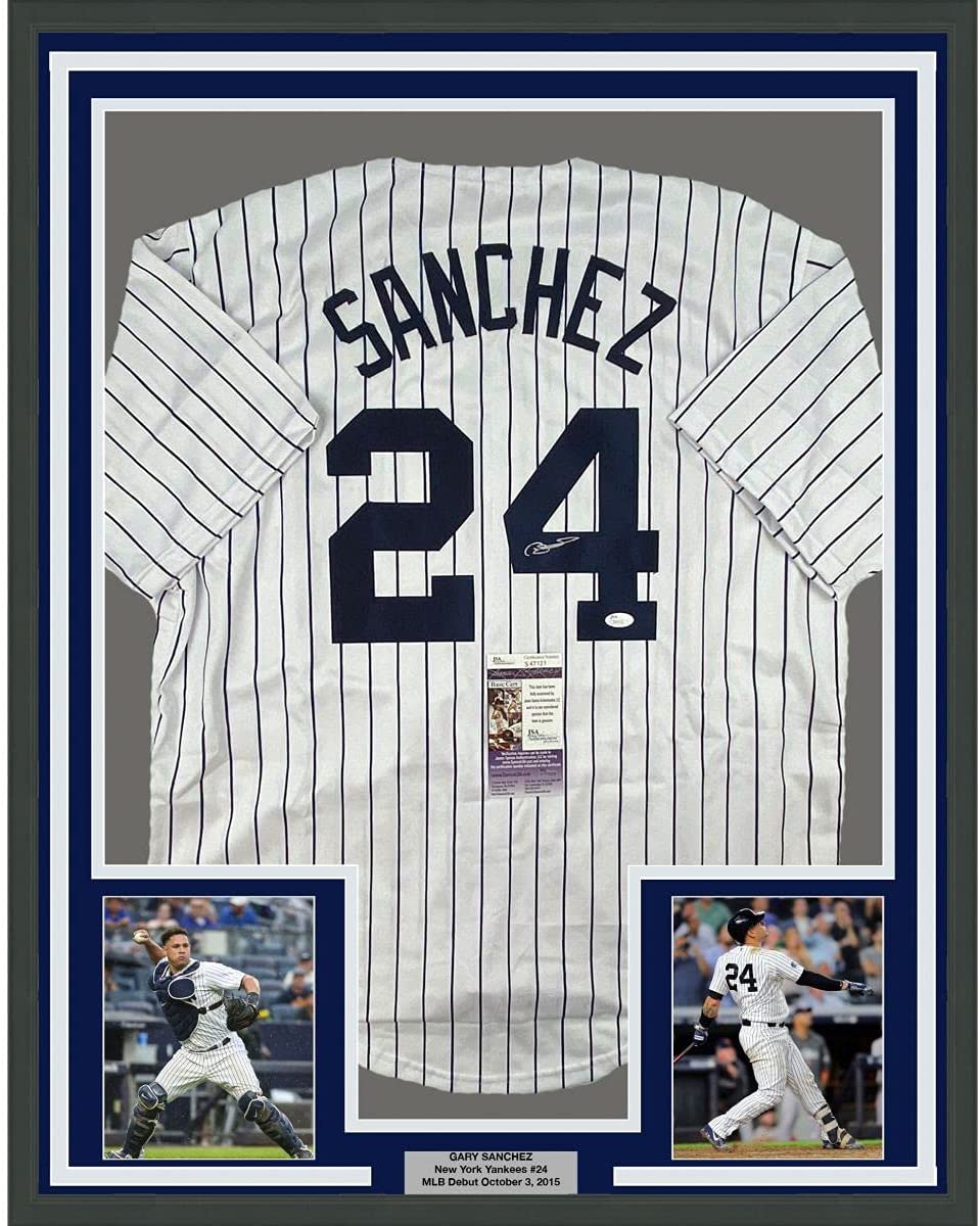 Framed Autographed/Signed Gary Sanchez 35x39 New York Pinstripe Baseball Jersey JSA COA