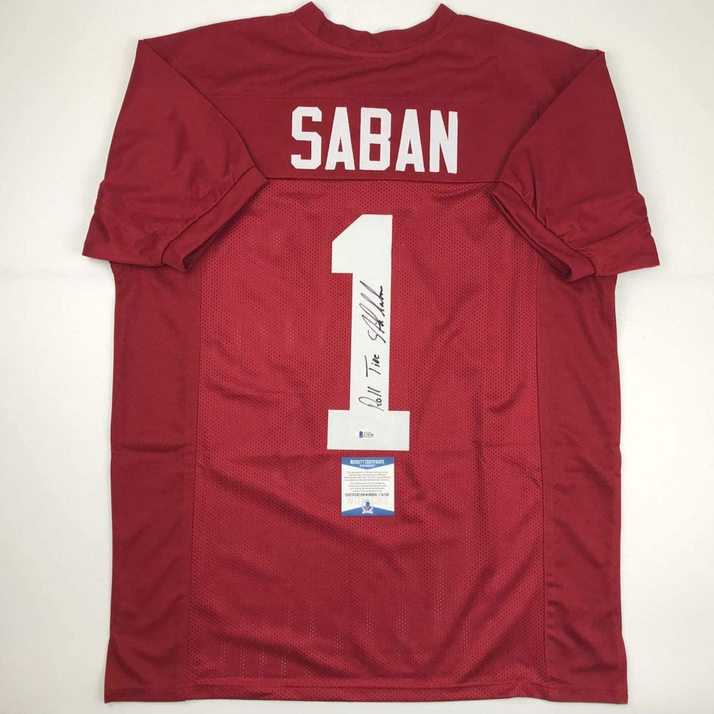 Autographed/Signed Nick Saban Roll Tide Alabama Red College Football Jersey Beckett BAS COA